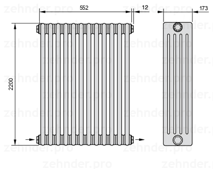 Схема (чертеж) Радиатор Zehnder Charleston 5220/12 №2670 Белый глянцевый RAL 9016